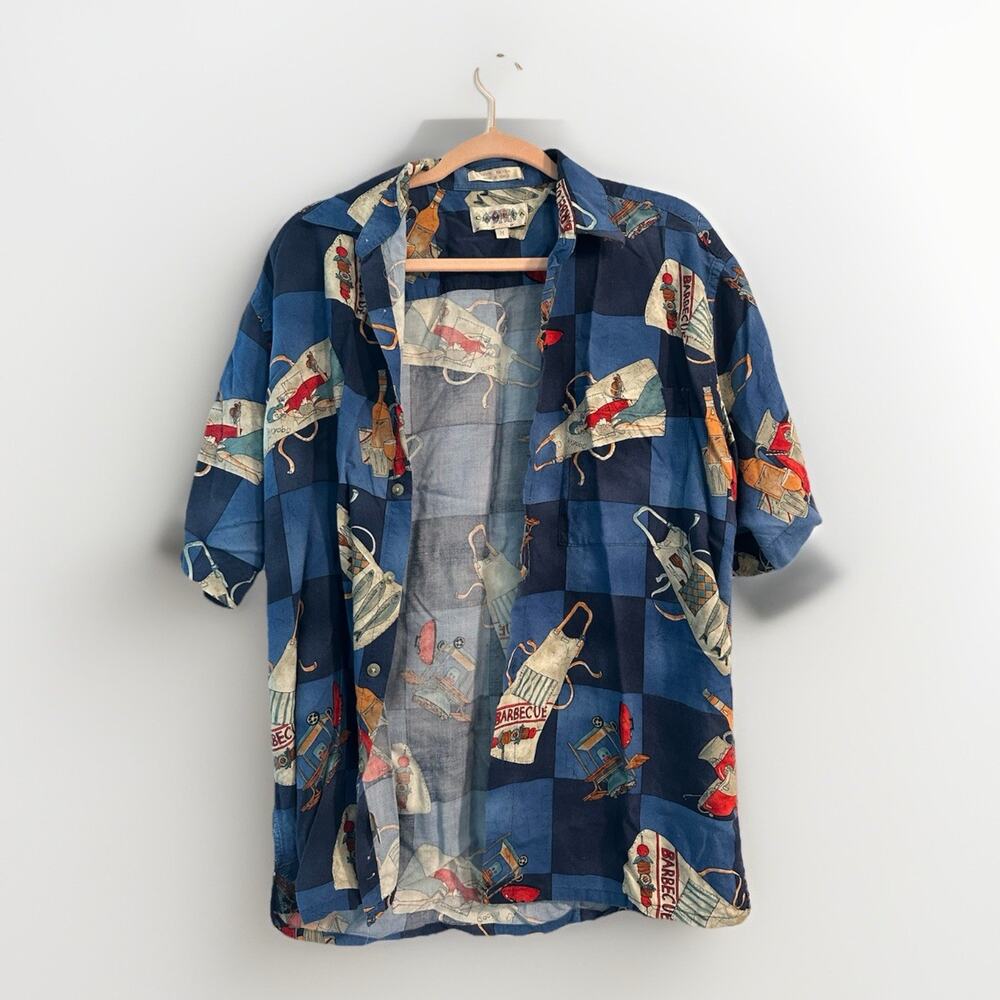 Vintage Campia Moda Short Sleeve Button Down Mens Medium Bbq Print Blue